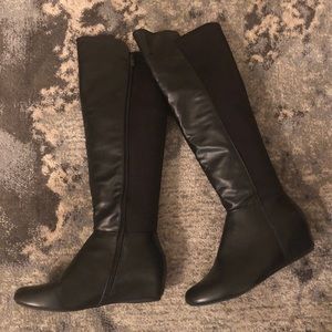 Aldo black leather stretch knee high boots